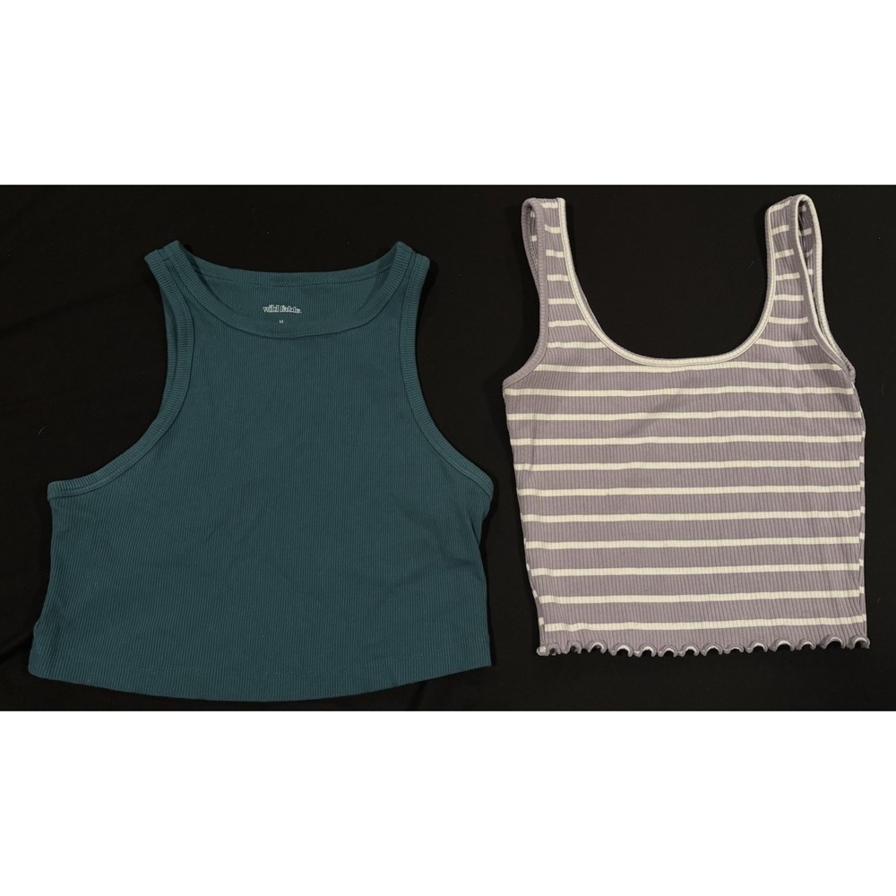 Wild Fable Set of 2 Cropped Tank Tops Teal Purple Striped Ribbed Womens Size M